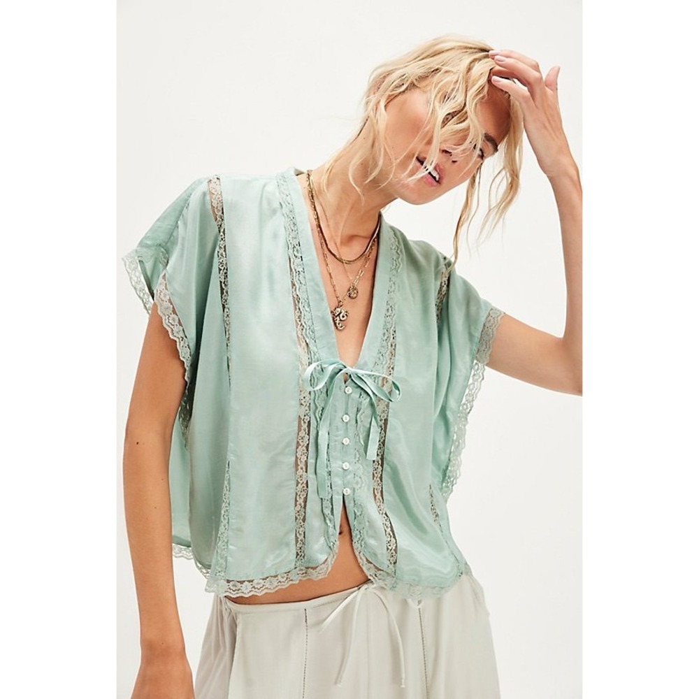 Free People Marigold Shine and Lace Top Seafoam Green Button Front Blouse Small
